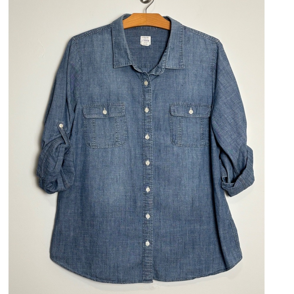 J.Crew Womens The Perfect Shirt XL Blue Chambray Cotton Roll Tab Button Front